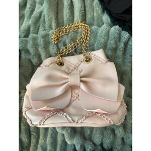 Betsey Johnson Pink Bow Quilted Shoulder Bag with Gold Chain Strap